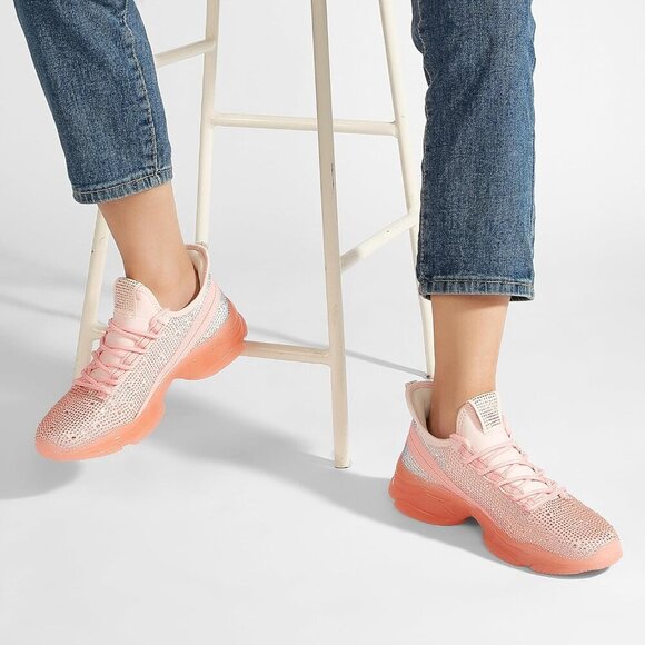 Women's Tan Rhinestone Mesh Slip On Walking Breathable Glitter Sneaker Shoes - Picture 7 of 9